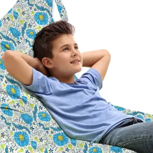 Lunarable Blue Floral Lounger Chair Bag, Refreshing Daisy Field Pattern with Doodle Leaves and Little Blossoms, High Capacity Storage with Handle Container, Lounger Size, Blue Yellow Ivory
