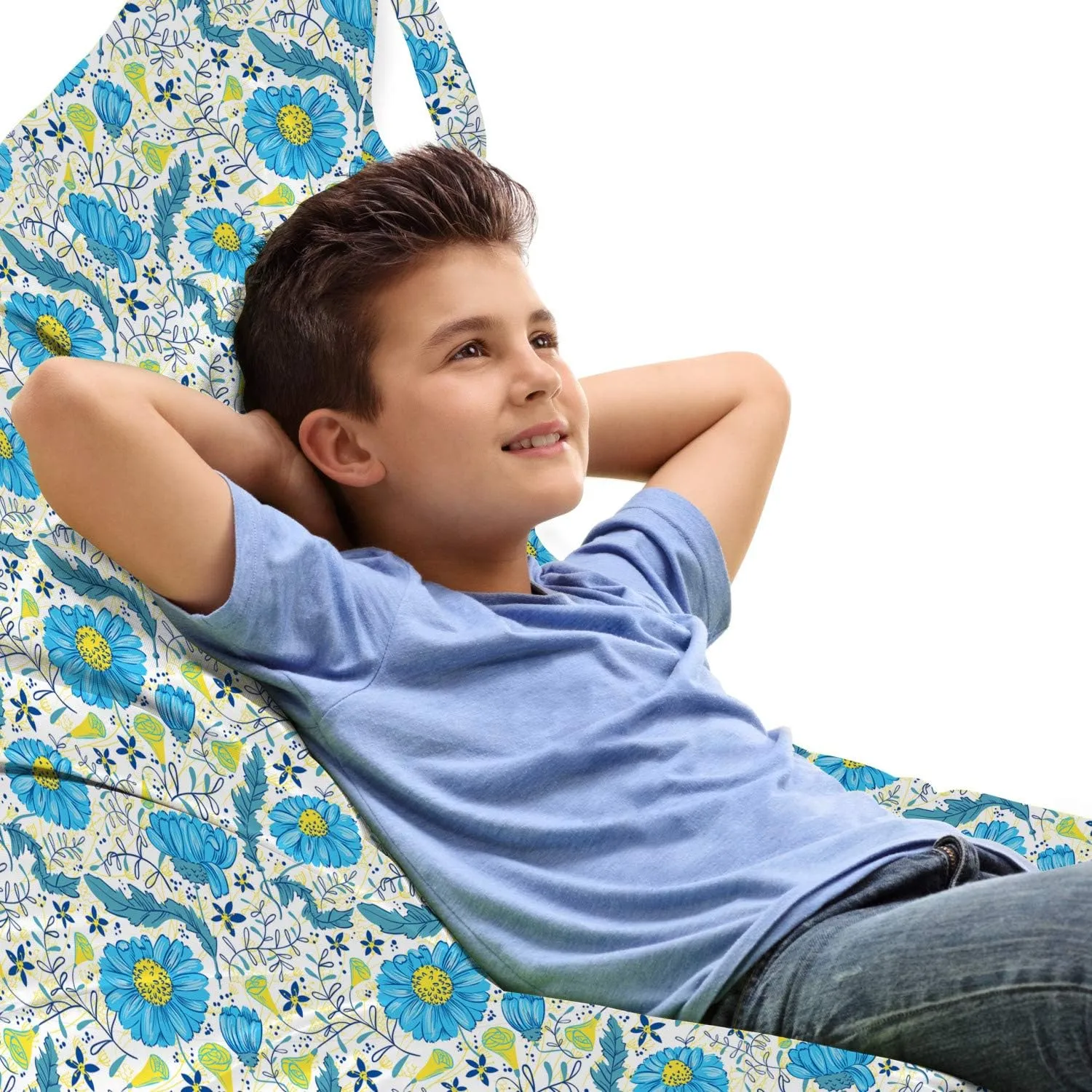 Lunarable Blue Floral Lounger Chair Bag, Refreshing Daisy Field Pattern with Doodle Leaves and Little Blossoms, High Capacity Storage with Handle Container, Lounger Size, Blue Yellow Ivory