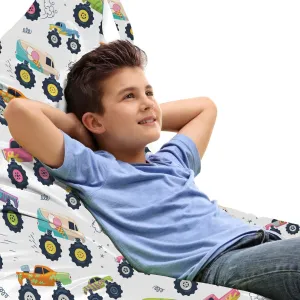 Lunarable Cars Lounger Chair Bag, Monster Trucks Cartoon with Big Wheels Automative Funny with Star Ornaments Print, High Capacity Storage with Handle Container, Lounger Size, Multicolor