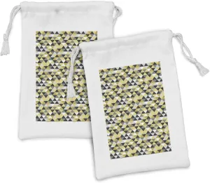 Lunarable Grey Yellow Fabric Pouch Set of 2, Illustration of Symmetric Simplistic Triangular Shapes Pattern, Small Drawstring Bag for Toiletries Masks and Favors, 9" x 6", Pastel Yellow Evergreen