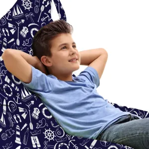 Lunarable Marine Lounger Chair Bag, Nautical Elements in Line Art Style on Blue Background Sea Travel Theme, High Capacity Storage with Handle Container, Lounger Size, Navy Blue and White