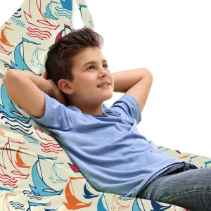 Lunarable Sail Boat Lounger Chair Bag, Wave Lines with Doodle Style Ship Silhouettes Abstract Retro Wind Powered Travel, High Capacity Storage with Handle Container, Lounger Size, Multicolor