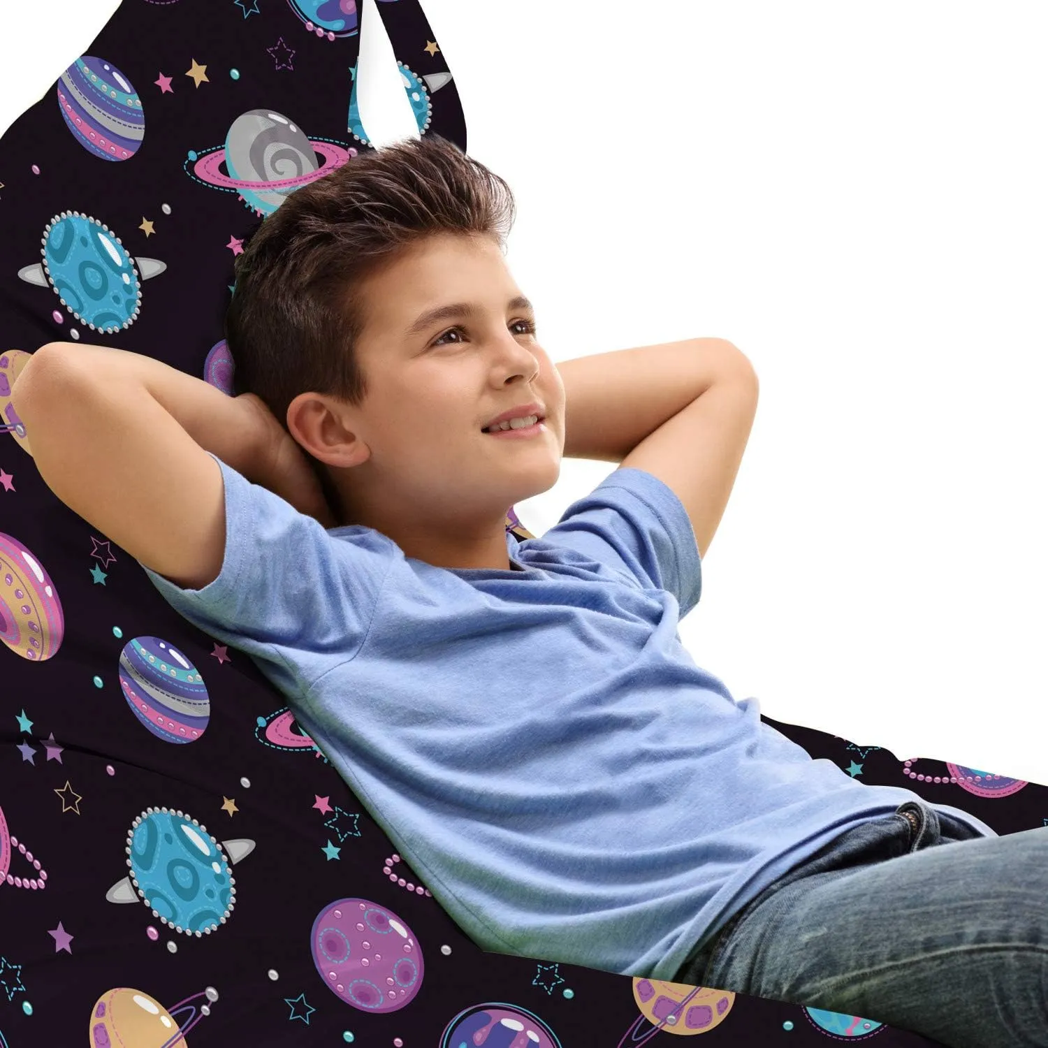 Lunarable Space Lounger Chair Bag, Galaxy Planets Stars Abstract Cartoon of Celestial Bodies Print, High Capacity Storage with Handle Container, Lounger Size, Grey Charcoal