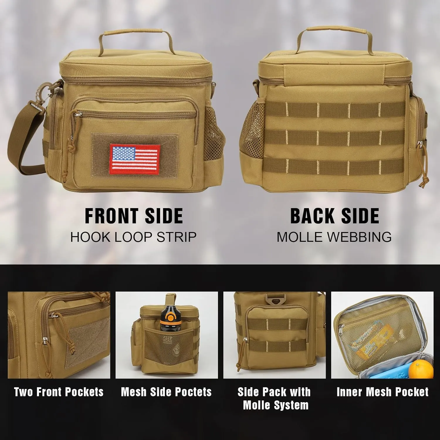 Lunch Box for Men, Tactical Lunch Bag MOLLE Webbing Leakproof Insulated Large Lunch Cooler Women Adult Meal with Adjustable Shoulder Strap Durable Lunch Pail (Brown)