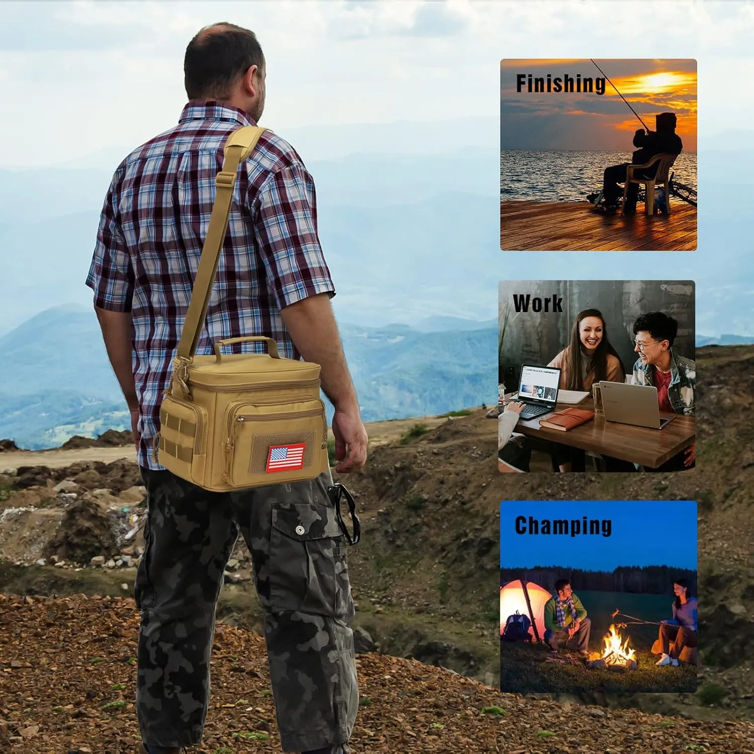 Lunch Box for Men, Tactical Lunch Bag MOLLE Webbing Leakproof Insulated Large Lunch Cooler Women Adult Meal with Adjustable Shoulder Strap Durable Lunch Pail (Brown)