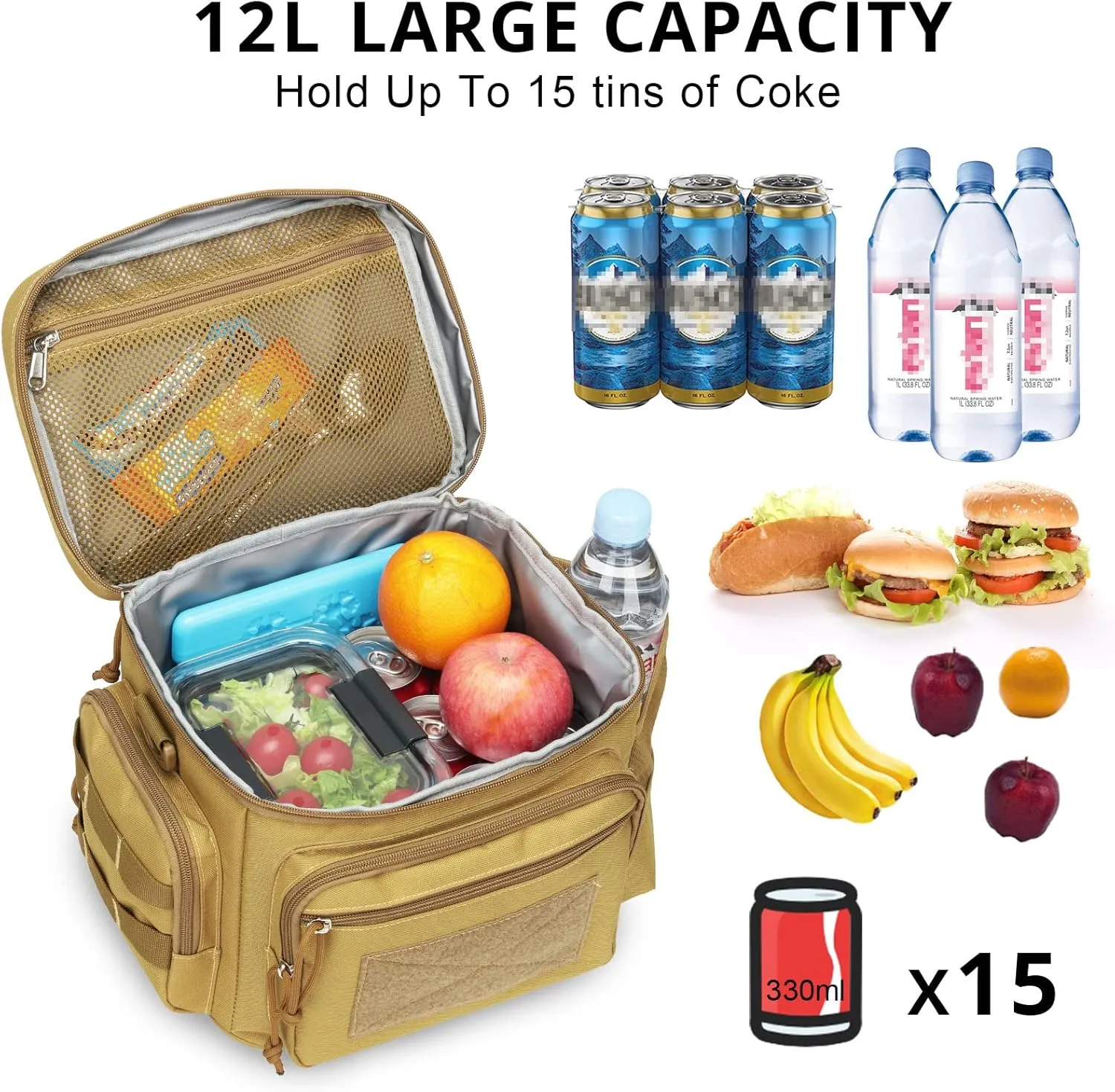 Lunch Box for Men, Tactical Lunch Bag MOLLE Webbing Leakproof Insulated Large Lunch Cooler Women Adult Meal with Adjustable Shoulder Strap Durable Lunch Pail (Brown)