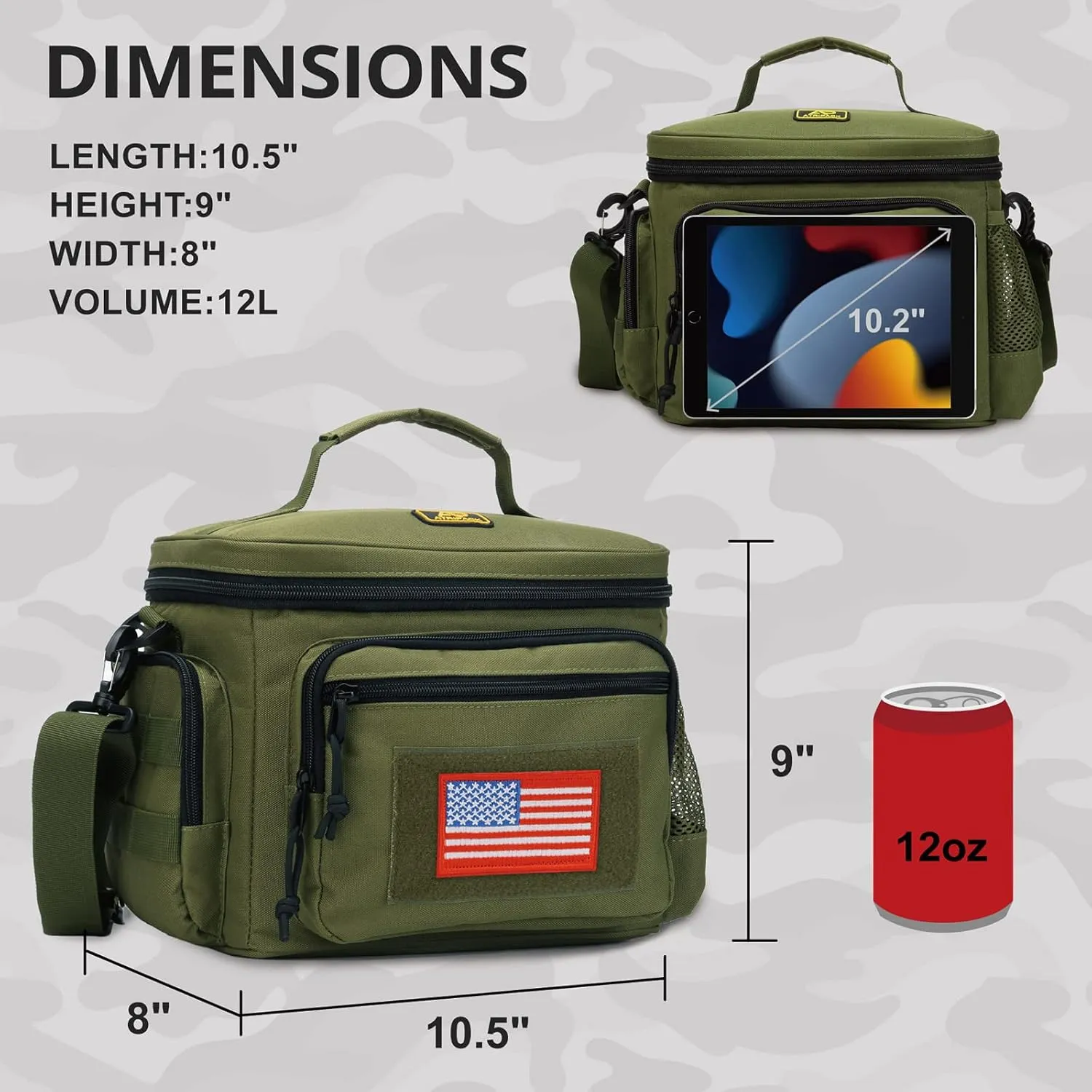 Lunch Box for Men, Tactical Lunch Bag MOLLE Webbing Leakproof Insulated Large Lunch Cooler Women Adult Meal with Adjustable Shoulder Strap Durable Lunch Pail (Green)