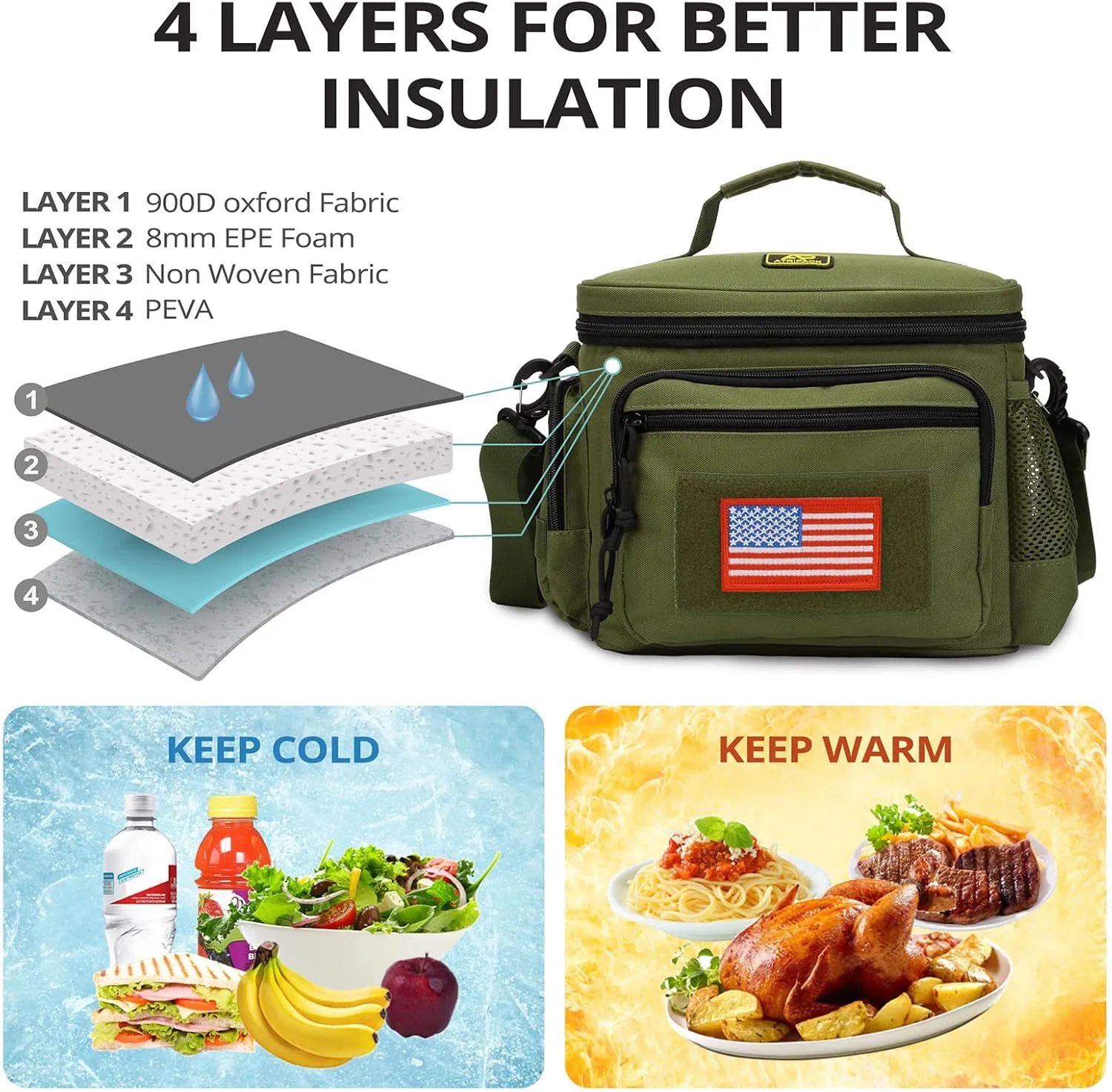 Lunch Box for Men, Tactical Lunch Bag MOLLE Webbing Leakproof Insulated Large Lunch Cooler Women Adult Meal with Adjustable Shoulder Strap Durable Lunch Pail (Green)