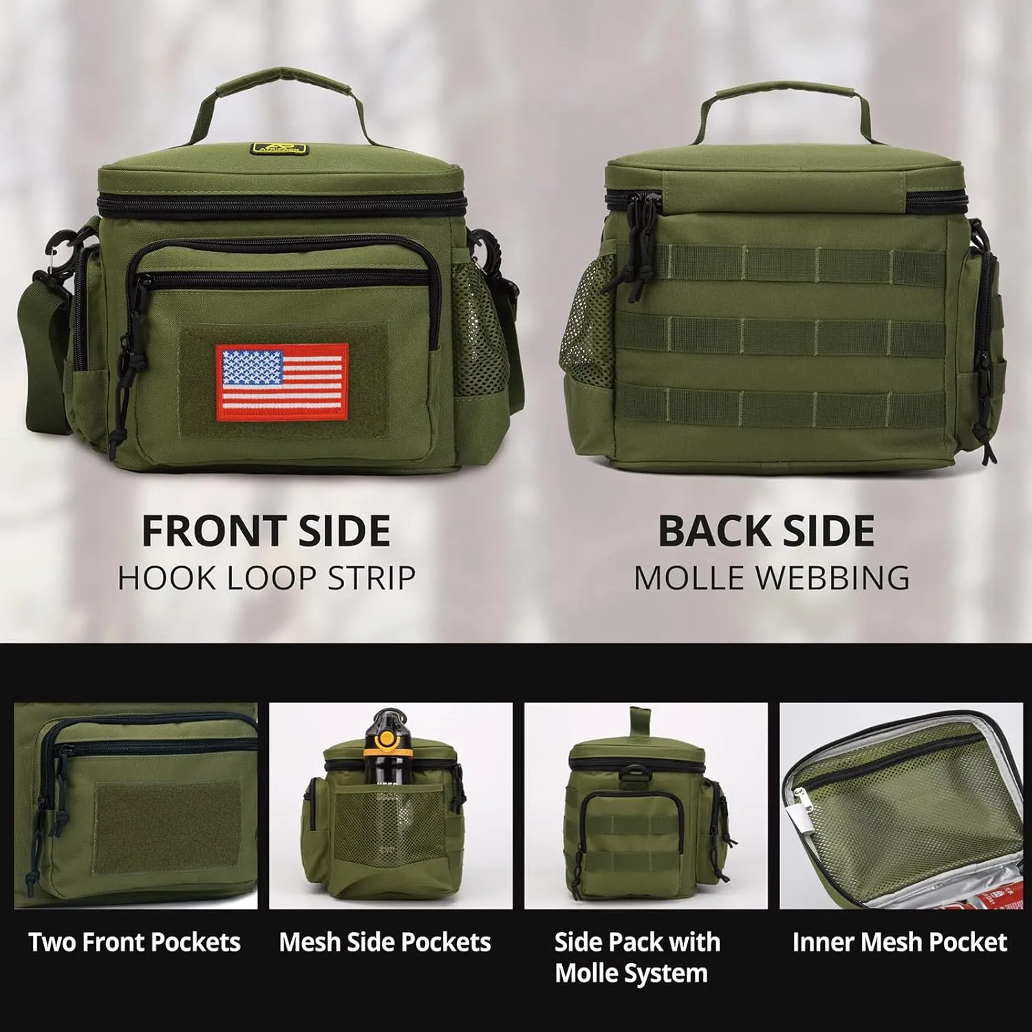 Lunch Box for Men, Tactical Lunch Bag MOLLE Webbing Leakproof Insulated Large Lunch Cooler Women Adult Meal with Adjustable Shoulder Strap Durable Lunch Pail (Green)