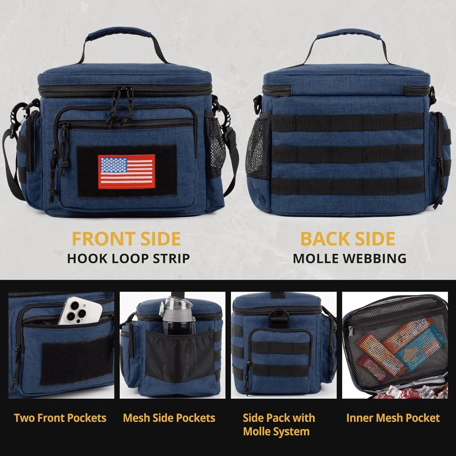 Lunch Box for Men, Tactical Lunch Bag MOLLE Webbing Leakproof Insulated Lunch Cooler Women Adult Meal with Adjustable Shoulder Strap Lunch Pail (Blue)
