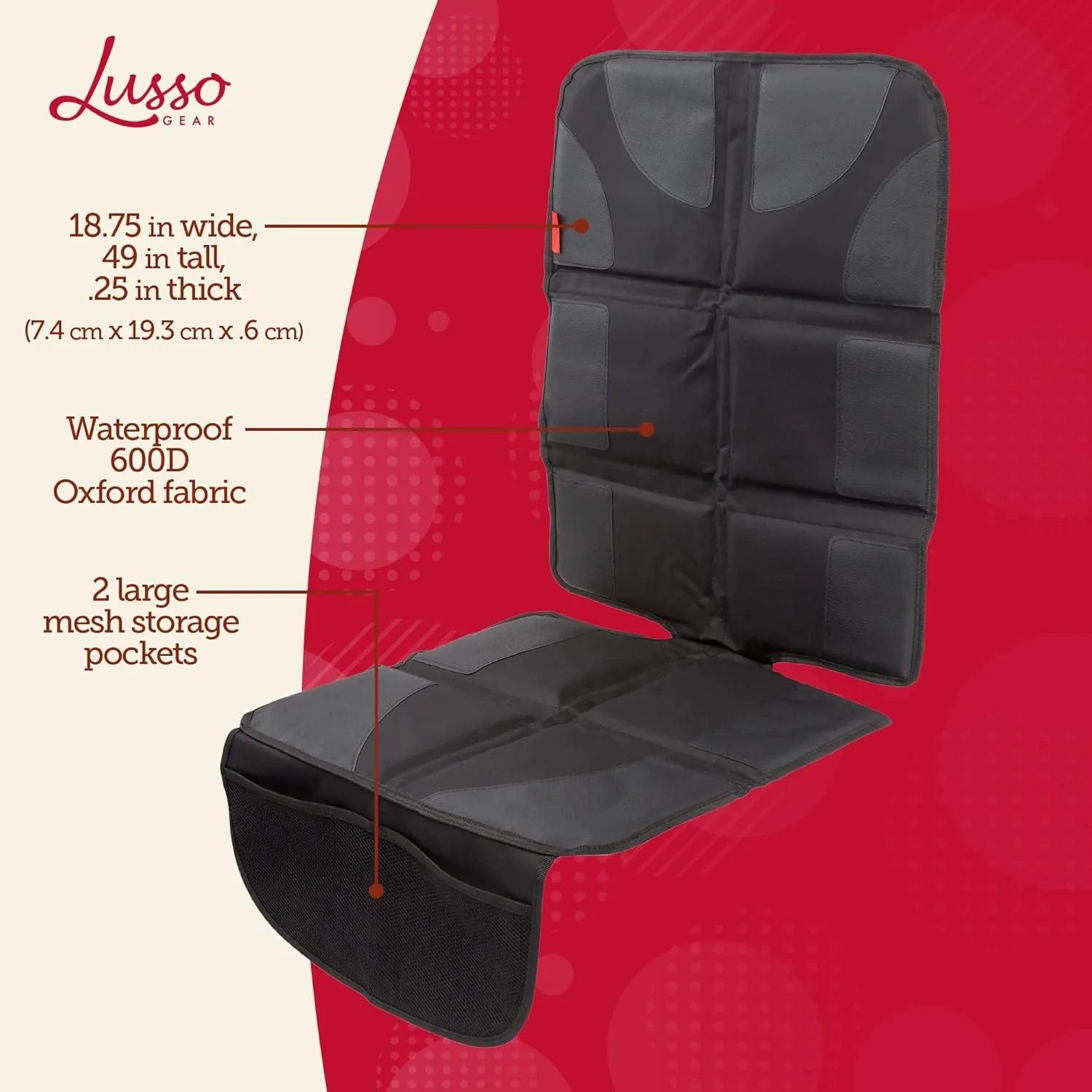 Lusso Gear Car Seat Protector (2-Pack) - Thick Padding, Waterproof - Child Seat Cover with Two Mesh Storage Pockets, Grey Foldable Design