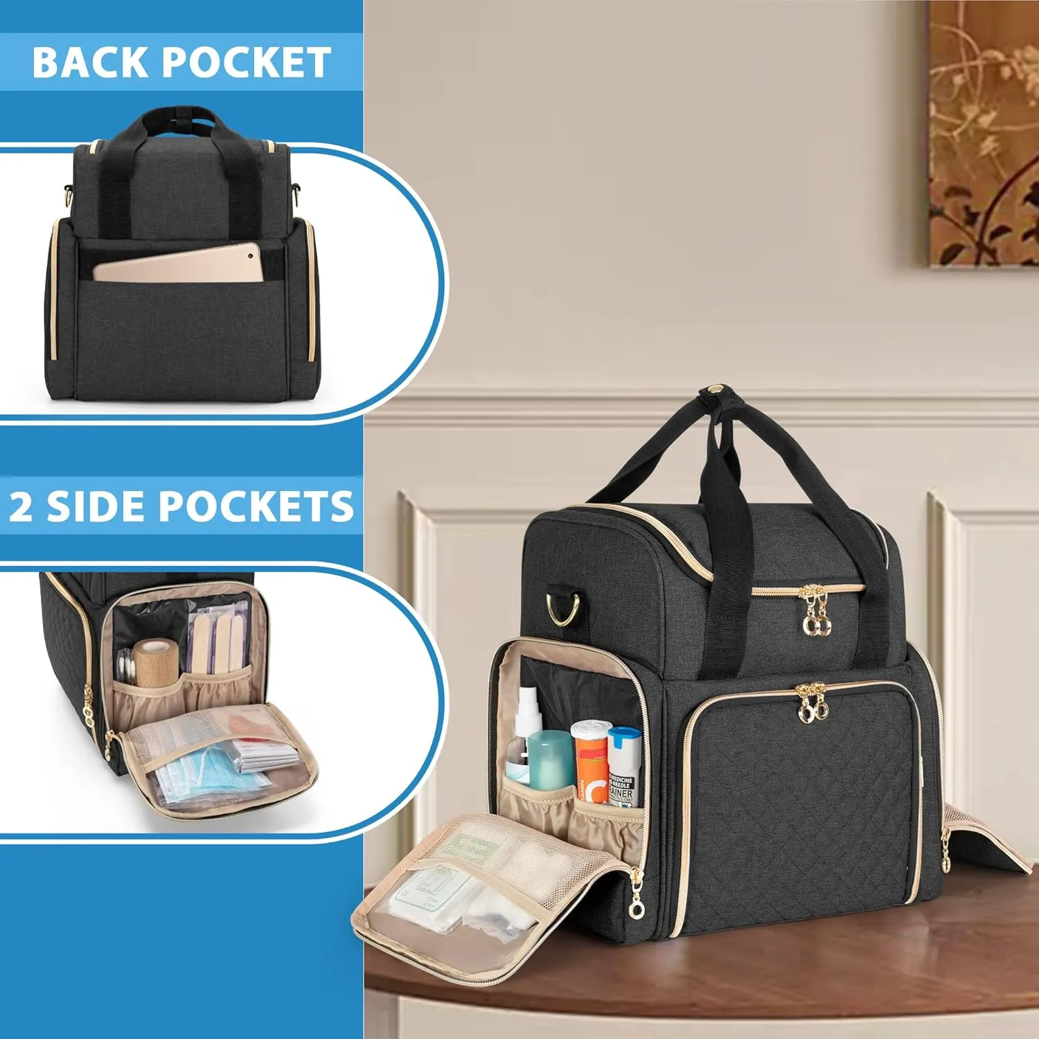 LUXJA Large Medicine Bag with 2 Removable Cases, Medicine Storage Bag with Multiple Storage Sections (Suitable for Travel or Home), Black