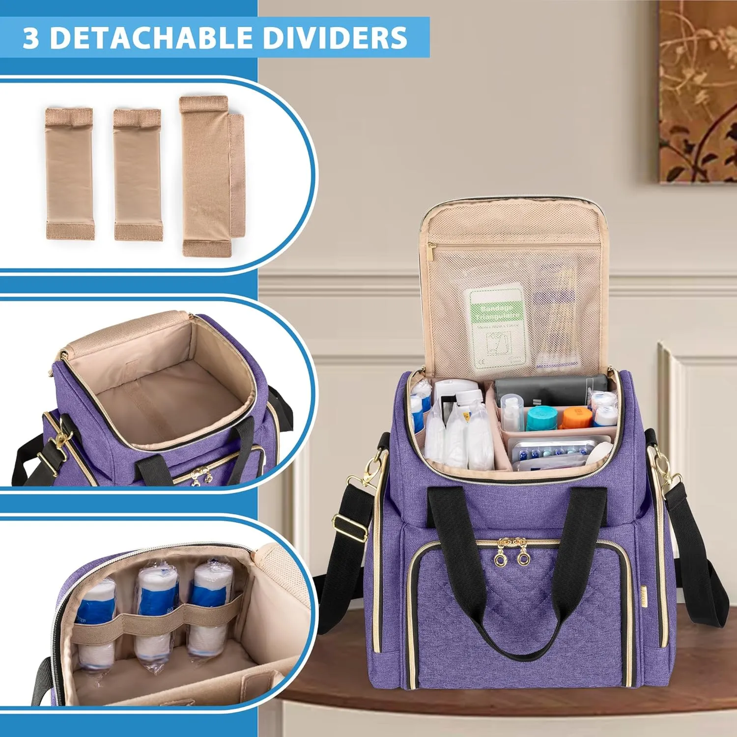 LUXJA Large Medicine Bag with 2 Removable Cases, Medicine Storage Bag with Multiple Storage Sections (Suitable for Travel or Home), Purple
