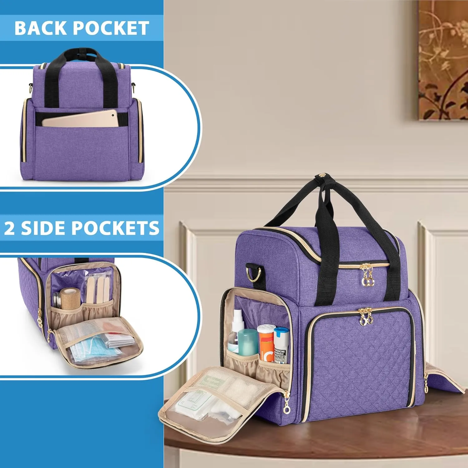 LUXJA Large Medicine Bag with 2 Removable Cases, Medicine Storage Bag with Multiple Storage Sections (Suitable for Travel or Home), Purple