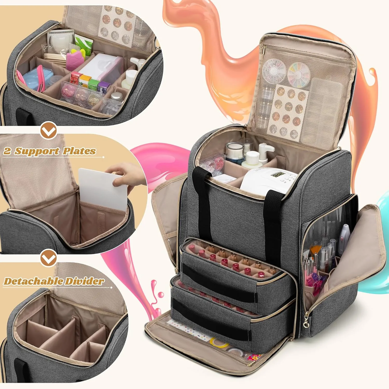 LUXJA Nail Polish Organizer Backpack Holds 70 Bottles and a Nail Lamp, Nail Polish Bag with 2 Removable Cases and Tools Storage Pockets (Patented), Gray