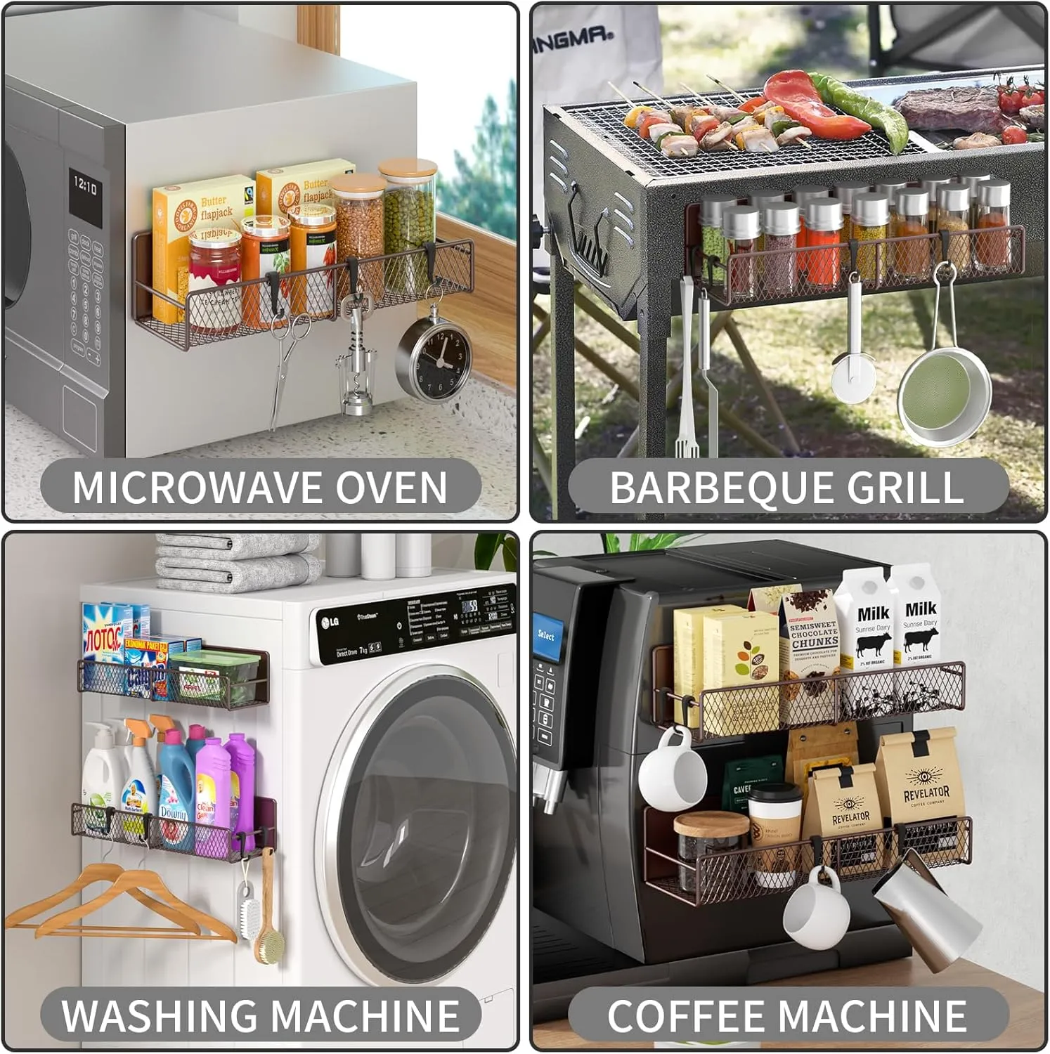 Magnetic Spice Rack for Refrigerator, 2 Pack Metal Magnetic Shelf, Moveable Spice Organizer with Hooks, Super Magnetic Fridge Shelf for Kitchen Organization and Storage, Brown