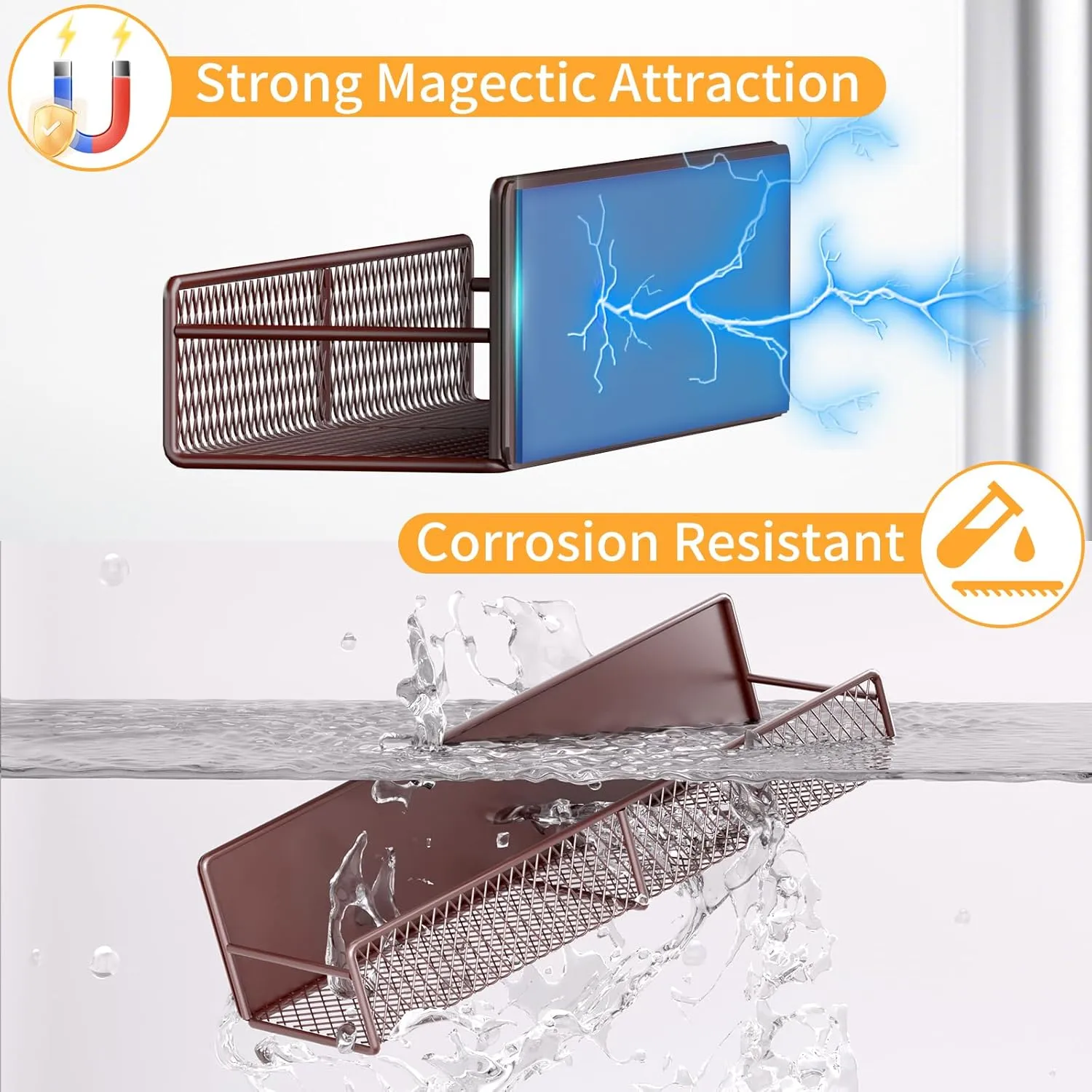 Magnetic Spice Rack for Refrigerator, 2 Pack Metal Magnetic Shelf, Moveable Spice Organizer with Hooks, Super Magnetic Fridge Shelf for Kitchen Organization and Storage, Brown