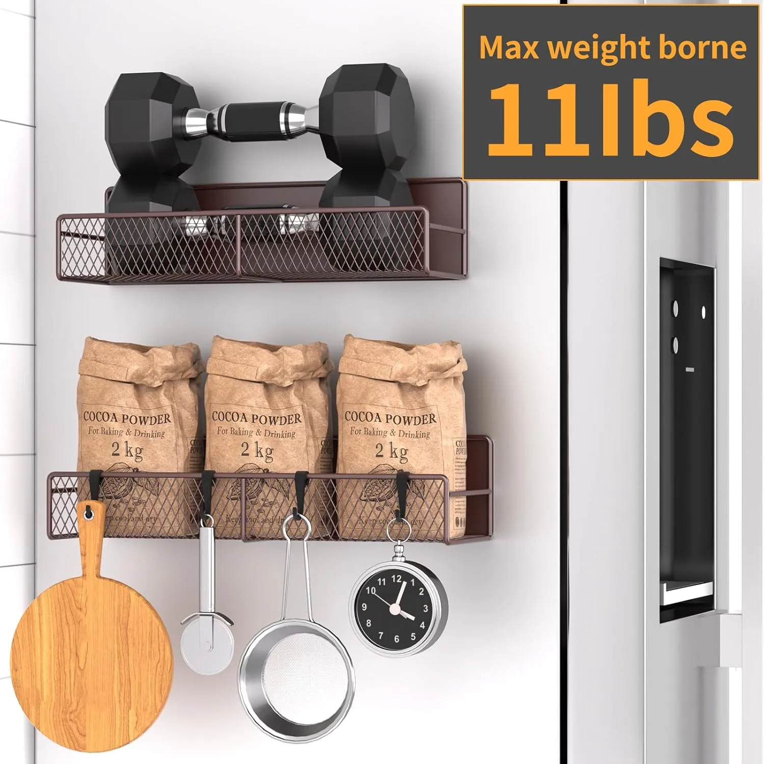 Magnetic Spice Rack for Refrigerator, 2 Pack Metal Magnetic Shelf, Moveable Spice Organizer with Hooks, Super Magnetic Fridge Shelf for Kitchen Organization and Storage, Brown