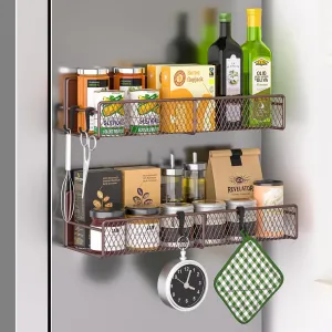 Magnetic Spice Rack for Refrigerator, 2 Pack Metal Magnetic Shelf, Moveable Spice Organizer with Hooks, Super Magnetic Fridge Shelf for Kitchen Organization and Storage, Brown