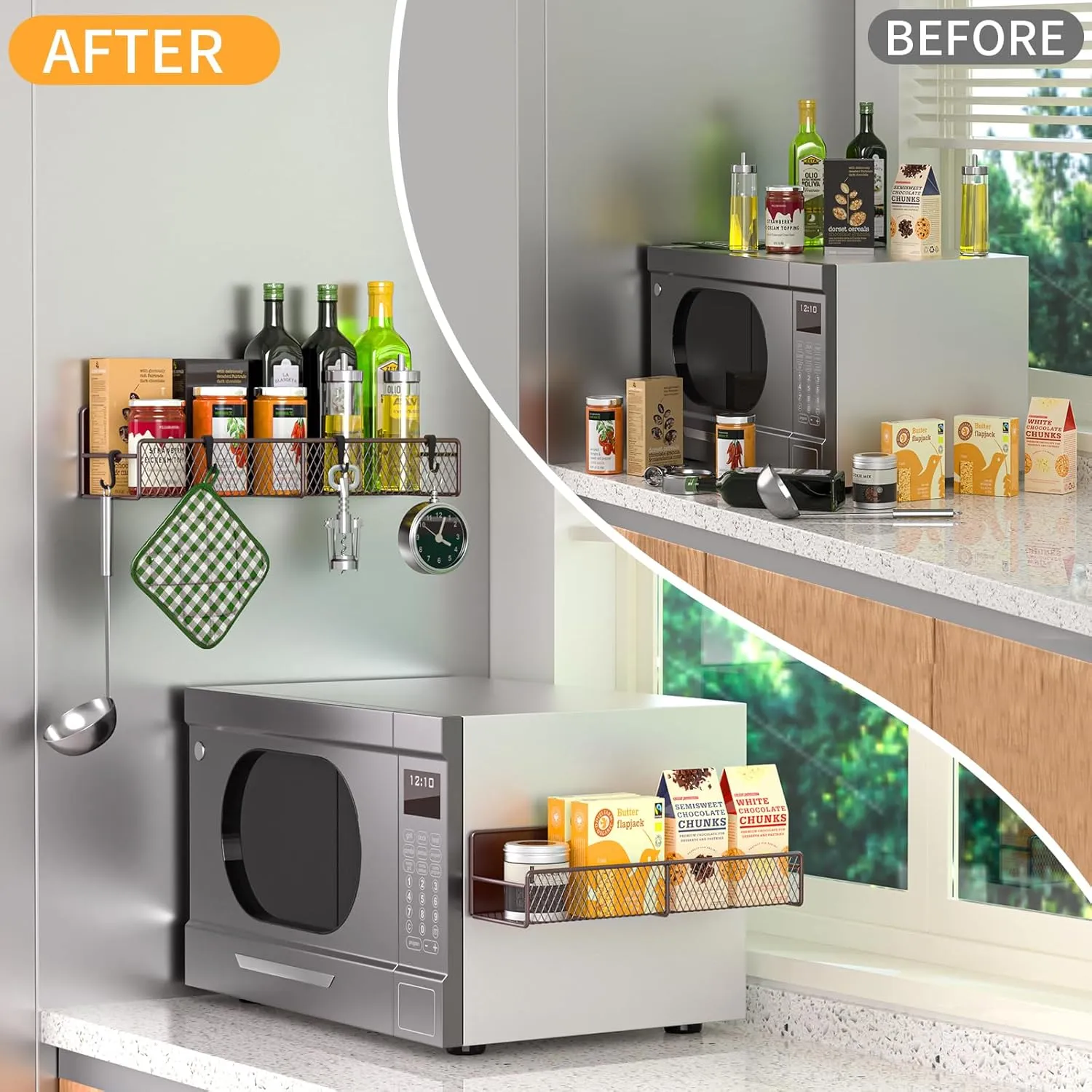 Magnetic Spice Rack for Refrigerator, 2 Pack Metal Magnetic Shelf, Moveable Spice Organizer with Hooks, Super Magnetic Fridge Shelf for Kitchen Organization and Storage, Brown