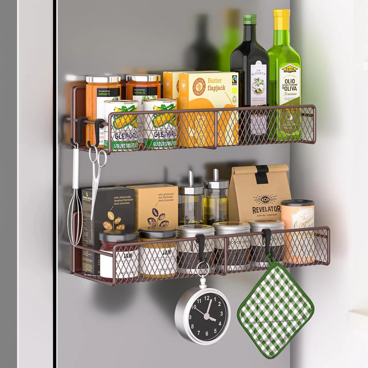Magnetic Spice Rack for Refrigerator, 2 Pack Metal Magnetic Shelf, Moveable Spice Organizer with Hooks, Super Magnetic Fridge Shelf for Kitchen Organization and Storage, Brown