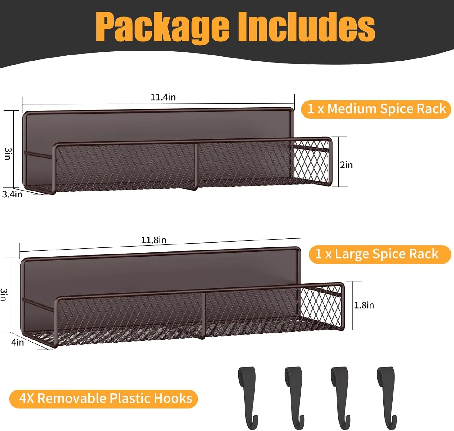 Magnetic Spice Rack for Refrigerator, 2 Pack Metal Magnetic Shelf, Moveable Spice Organizer with Hooks, Super Magnetic Fridge Shelf for Kitchen Organization and Storage, Brown