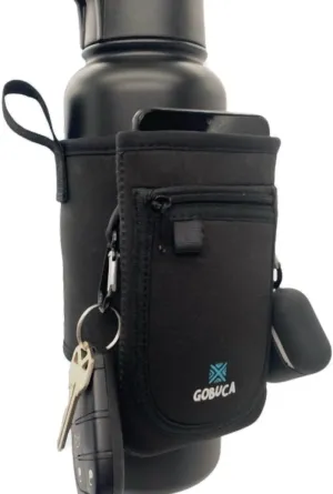 Magnetic Water Bottle Holder for Gym, Black Neoprene Pouch with Carabiner, Equipment Storage for Keys and Phone