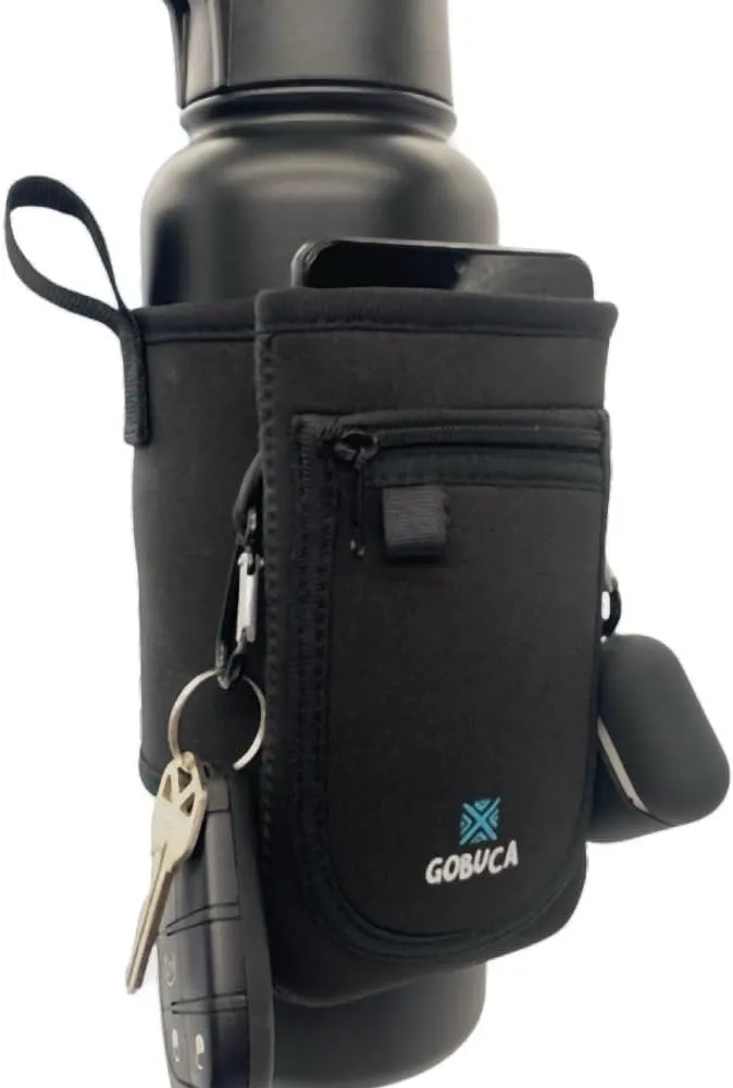 Magnetic Water Bottle Holder for Gym, Black Neoprene Pouch with Carabiner, Equipment Storage for Keys and Phone