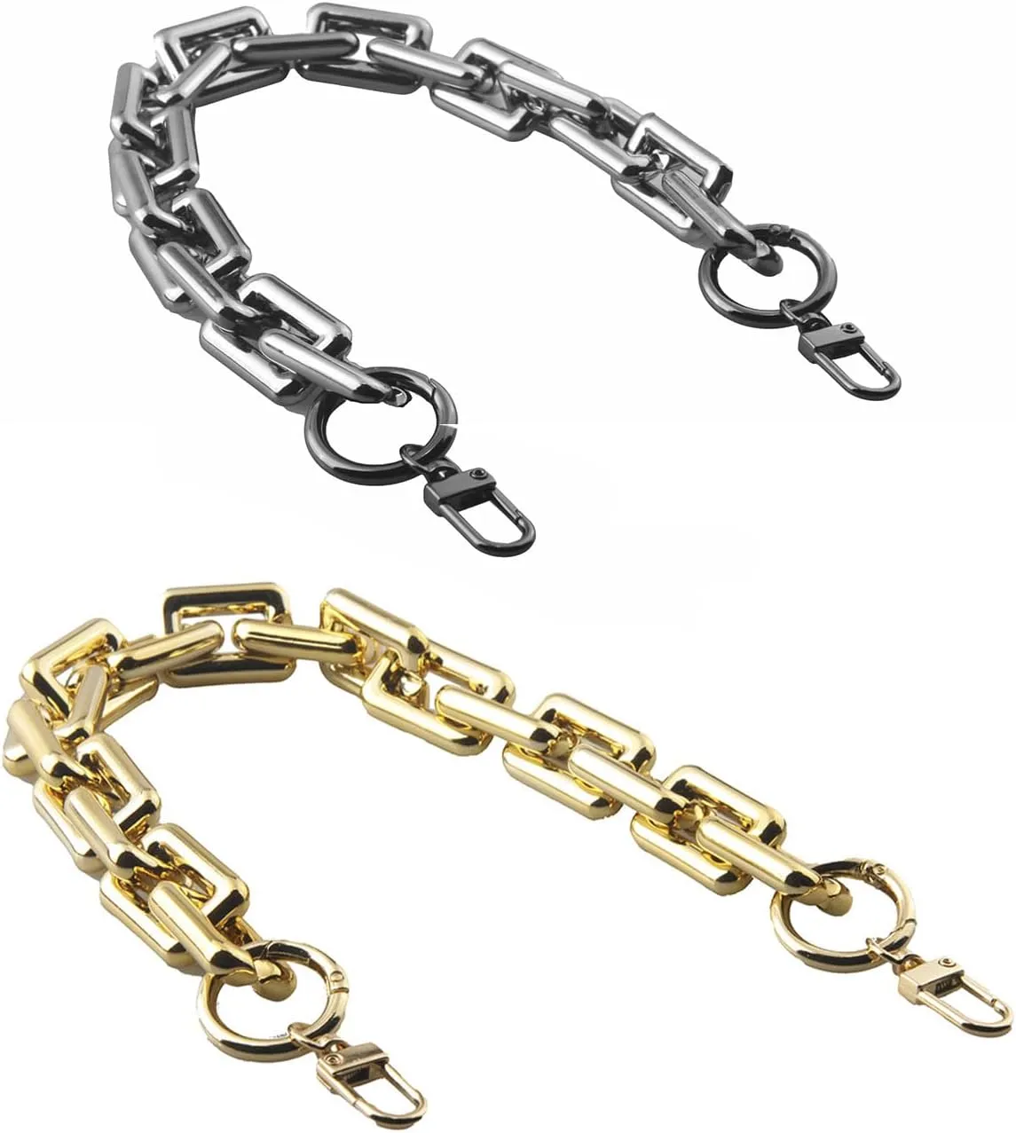 MAHAVIMOKSA 2 Packs Gold & Gun Metal 40cm/15.7" Chunky Acrylic Resin Purse Chain Purse Handles Replacement Strap with Push Clasp Clip Buckle for DIY Craft Purse Bag Making