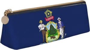 Maine State Flag Triangle Leather Case Pouch with Spacious Interior, Zipper Closure for Writing Tools, Office, White, One Size, Make-Up Pouch