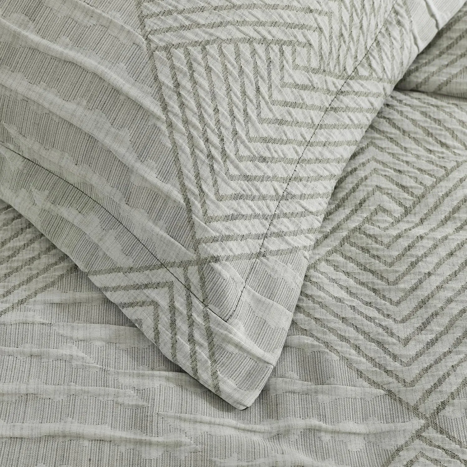 MaiRêve Queen Comforter Set Crinkle Textured, Light Olive Green Diamond Boho Bedding Set 7 Pieces Bed in A Bag, All Season Geometric Comforter Set with Sheets, Pillowcases & Shams