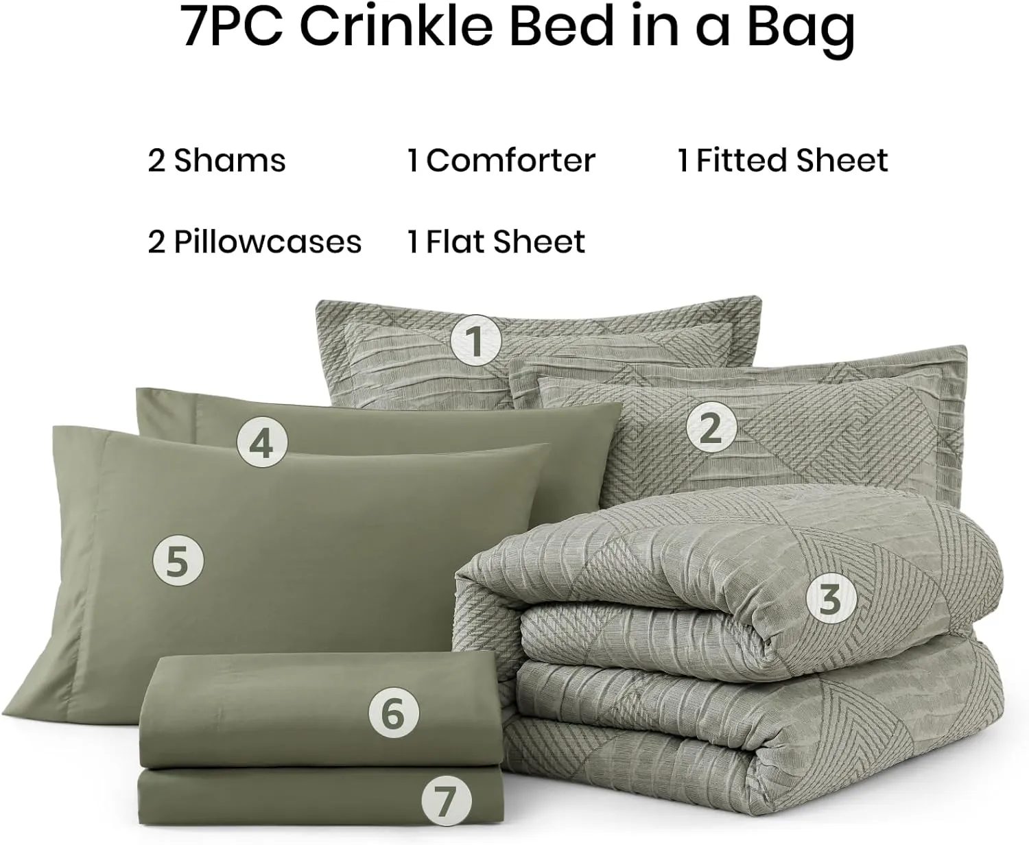 MaiRêve Queen Comforter Set Crinkle Textured, Light Olive Green Diamond Boho Bedding Set 7 Pieces Bed in A Bag, All Season Geometric Comforter Set with Sheets, Pillowcases & Shams
