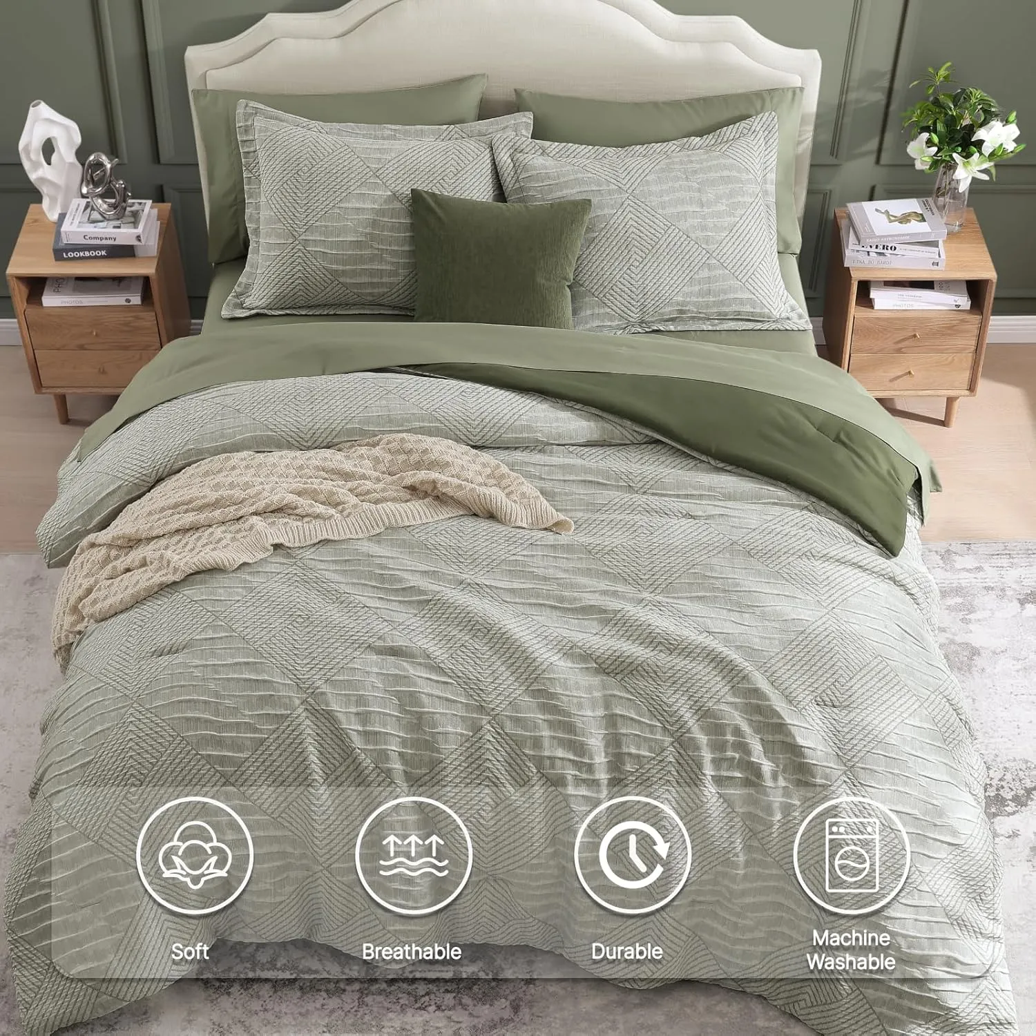 MaiRêve Queen Comforter Set Crinkle Textured, Light Olive Green Diamond Boho Bedding Set 7 Pieces Bed in A Bag, All Season Geometric Comforter Set with Sheets, Pillowcases & Shams