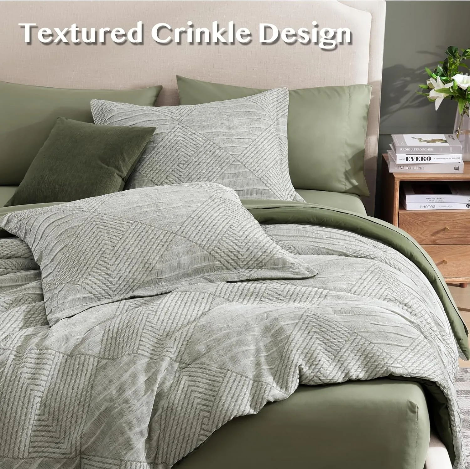 MaiRêve Queen Comforter Set Crinkle Textured, Light Olive Green Diamond Boho Bedding Set 7 Pieces Bed in A Bag, All Season Geometric Comforter Set with Sheets, Pillowcases & Shams