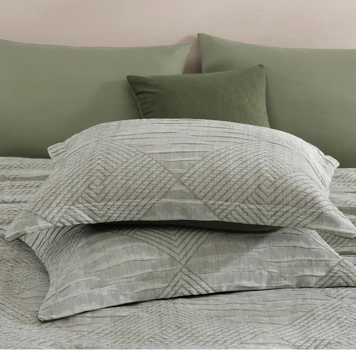 MaiRêve Queen Comforter Set Crinkle Textured, Light Olive Green Diamond Boho Bedding Set 7 Pieces Bed in A Bag, All Season Geometric Comforter Set with Sheets, Pillowcases & Shams