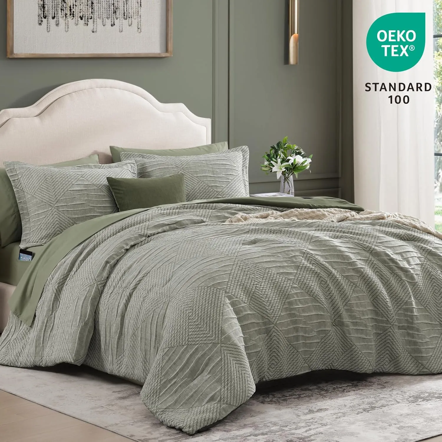 MaiRêve Queen Comforter Set Crinkle Textured, Light Olive Green Diamond Boho Bedding Set 7 Pieces Bed in A Bag, All Season Geometric Comforter Set with Sheets, Pillowcases & Shams