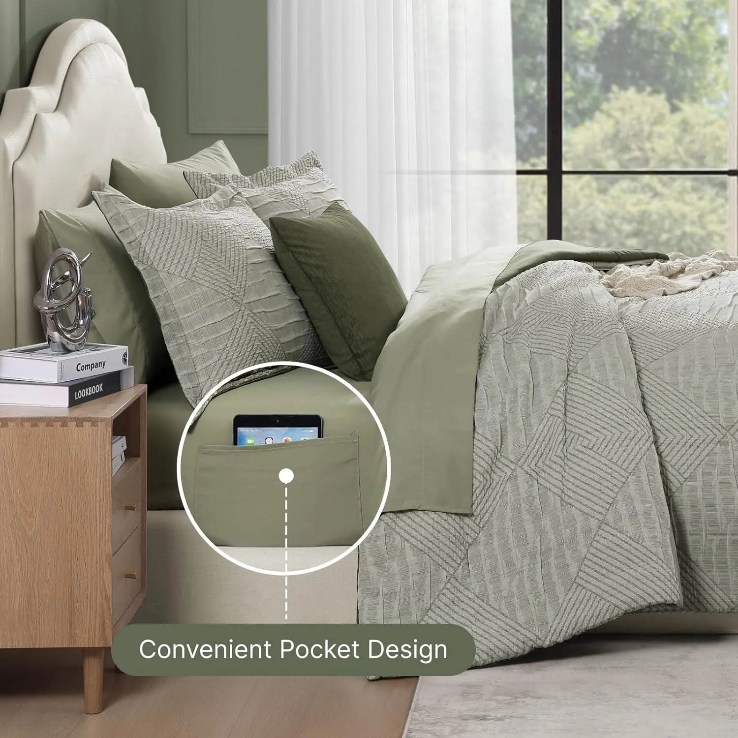 MaiRêve Queen Comforter Set Crinkle Textured, Light Olive Green Diamond Boho Bedding Set 7 Pieces Bed in A Bag, All Season Geometric Comforter Set with Sheets, Pillowcases & Shams