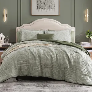 MaiRêve Queen Comforter Set Crinkle Textured, Light Olive Green Diamond Boho Bedding Set 7 Pieces Bed in A Bag, All Season Geometric Comforter Set with Sheets, Pillowcases & Shams