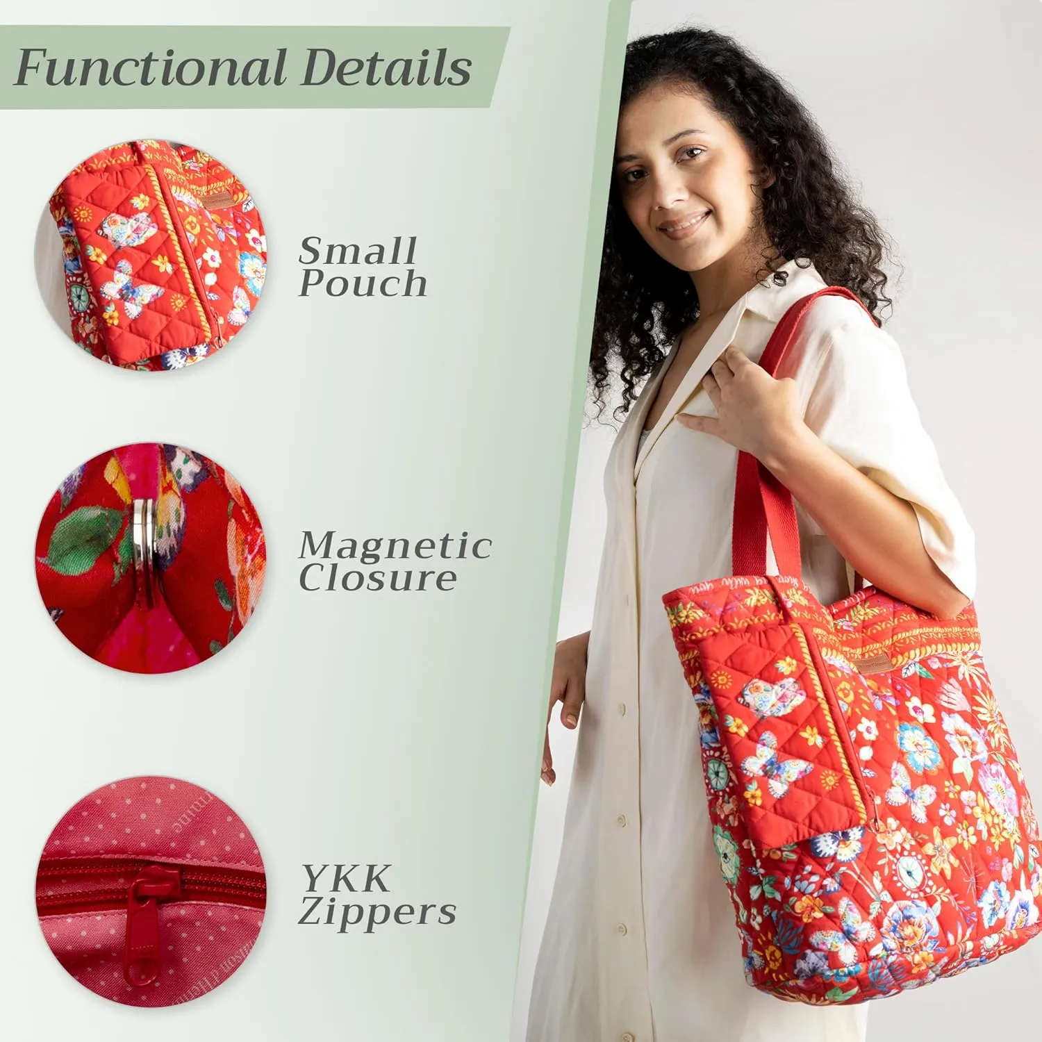 Maison d' Hermine Shopping Bag Cotton Quilted Tote Bag with Zipper Pockets & Small Pouch Grocery Bag for Work Travel Lunch