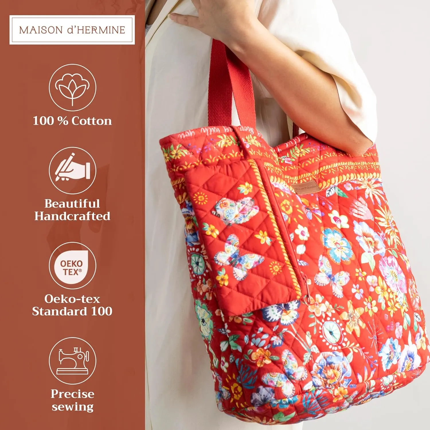 Maison d' Hermine Shopping Bag Cotton Quilted Tote Bag with Zipper Pockets & Small Pouch Grocery Bag for Work Travel Lunch