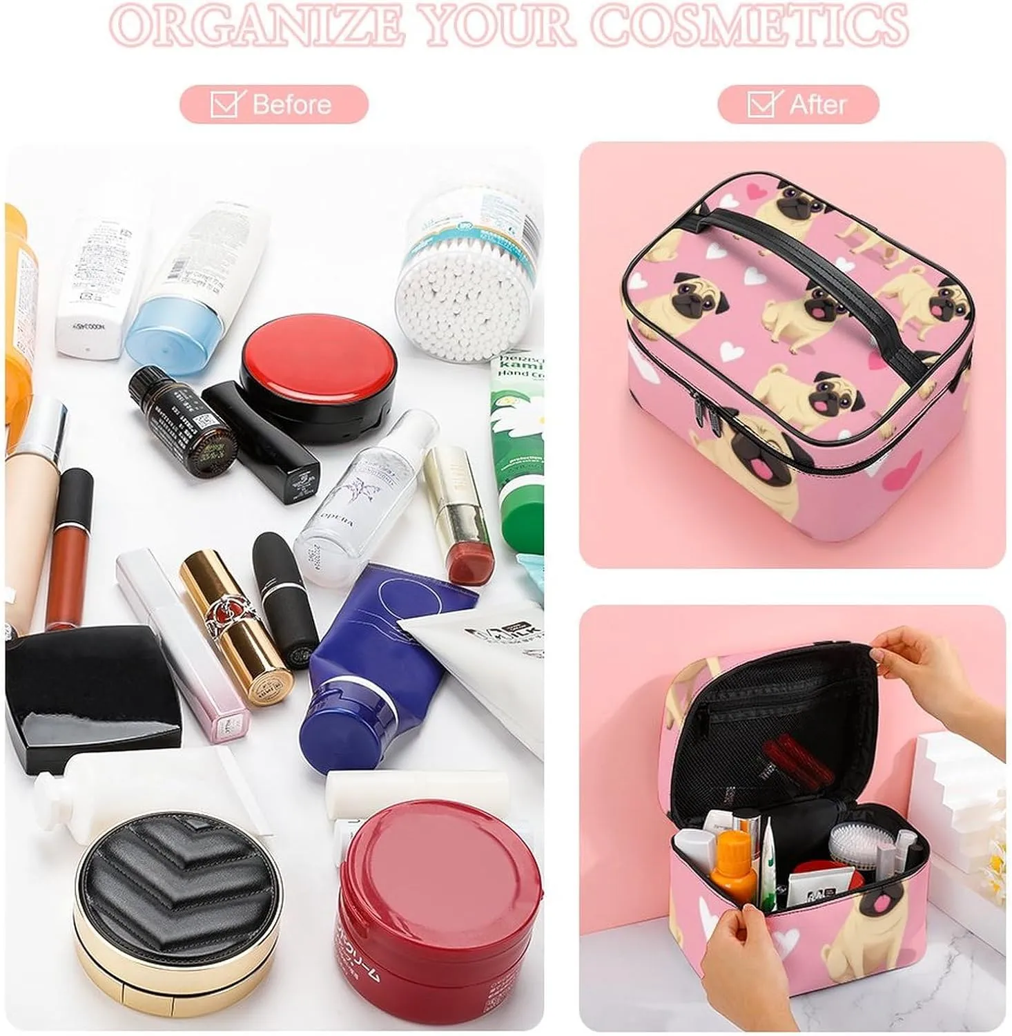 Make Up Bags Funny Cartoon Pugs Puppy Pink Cosmetics Organizer Case for Women, Travel Toiletry Brushes Storage Bag with Carry Handle