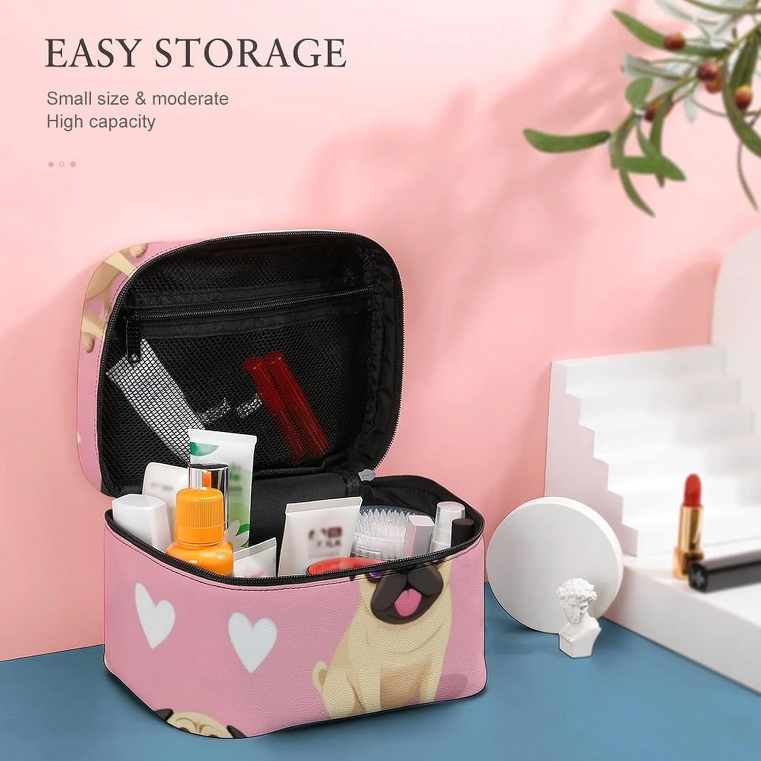 Make Up Bags Funny Cartoon Pugs Puppy Pink Cosmetics Organizer Case for Women, Travel Toiletry Brushes Storage Bag with Carry Handle