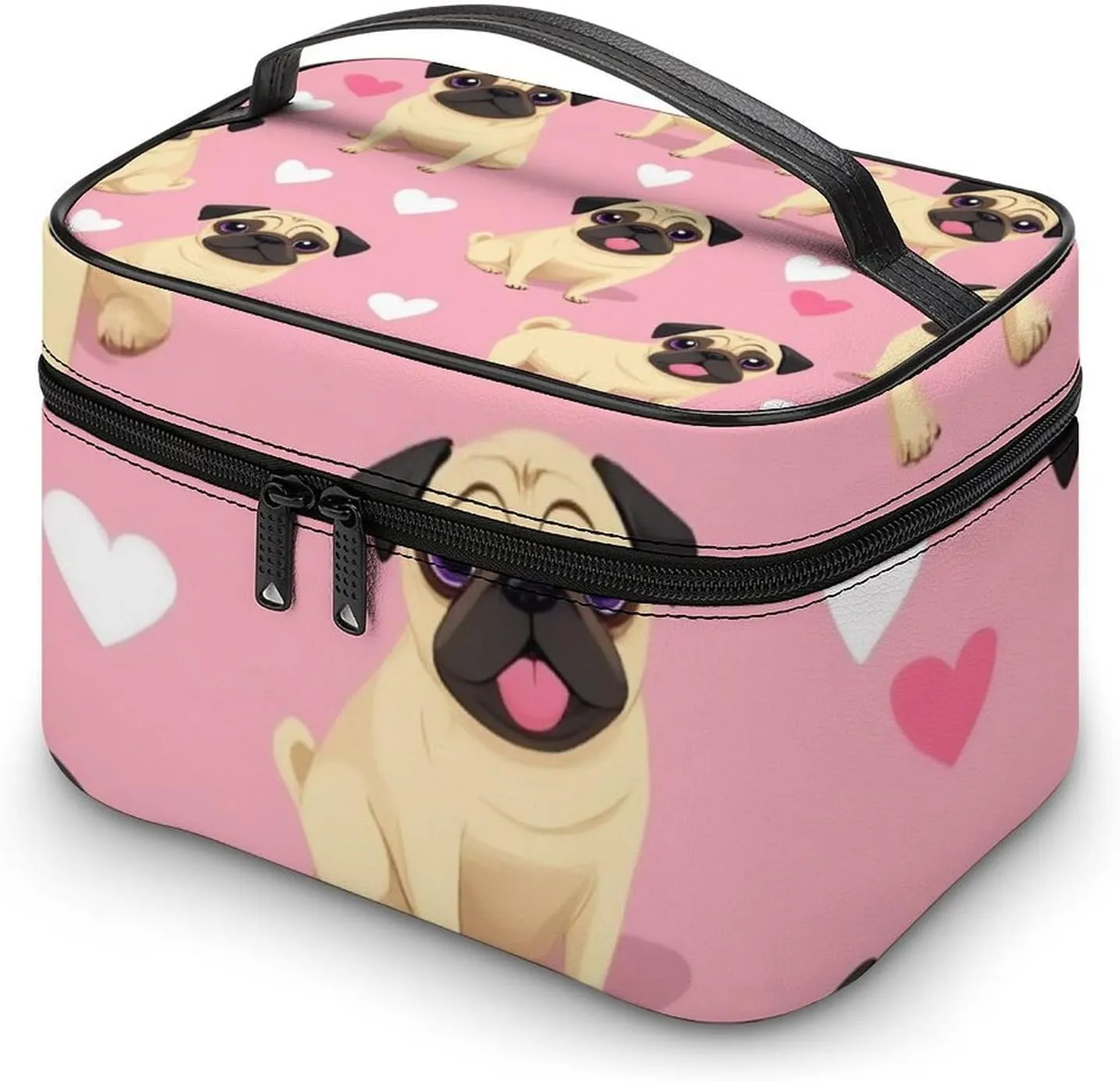 Make Up Bags Funny Cartoon Pugs Puppy Pink Cosmetics Organizer Case for Women, Travel Toiletry Brushes Storage Bag with Carry Handle