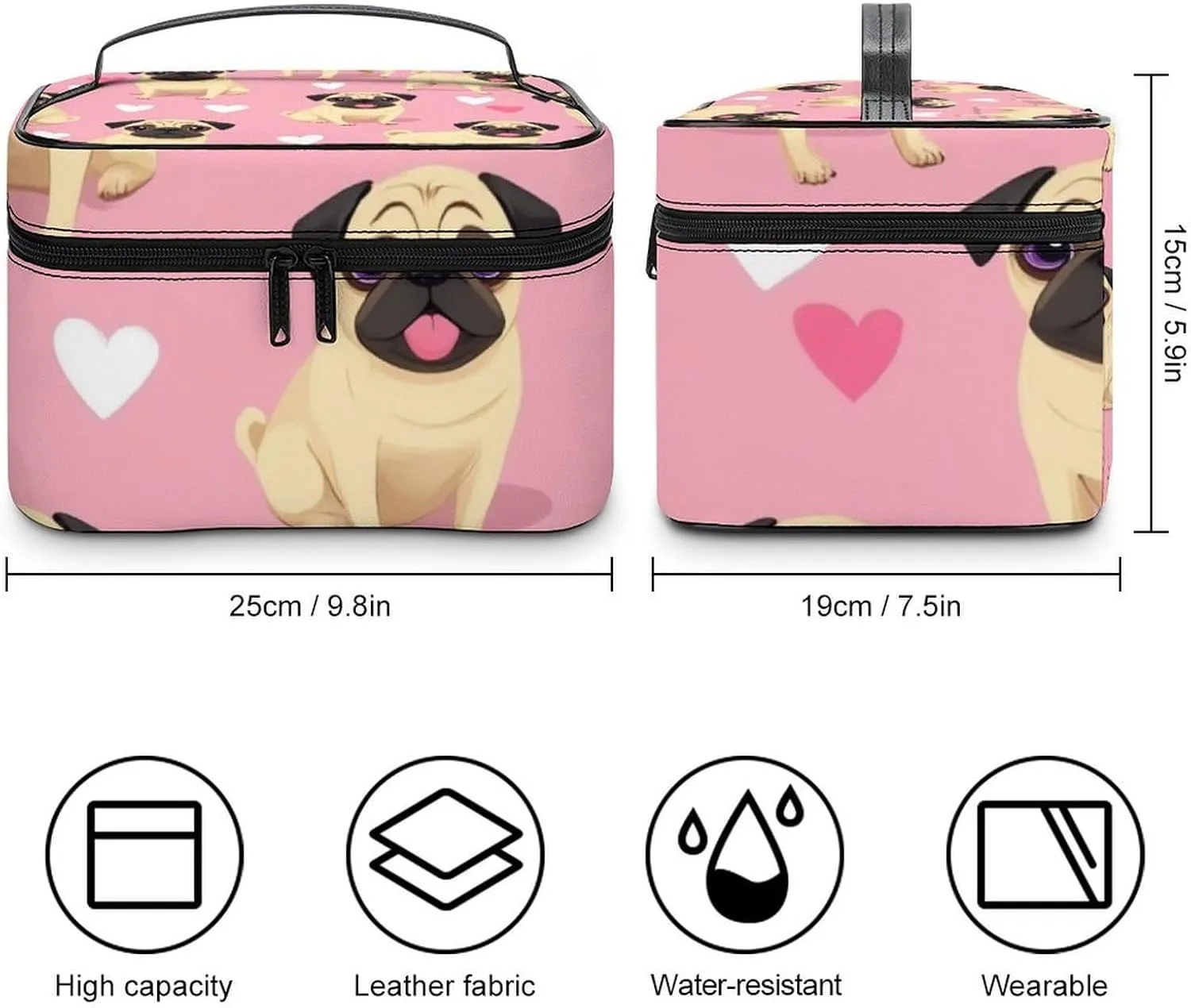Make Up Bags Funny Cartoon Pugs Puppy Pink Cosmetics Organizer Case for Women, Travel Toiletry Brushes Storage Bag with Carry Handle
