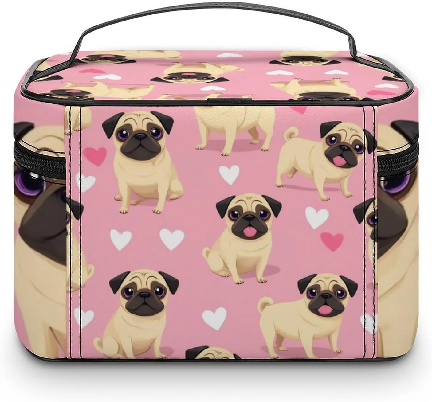 Make Up Bags Funny Cartoon Pugs Puppy Pink Cosmetics Organizer Case for Women, Travel Toiletry Brushes Storage Bag with Carry Handle