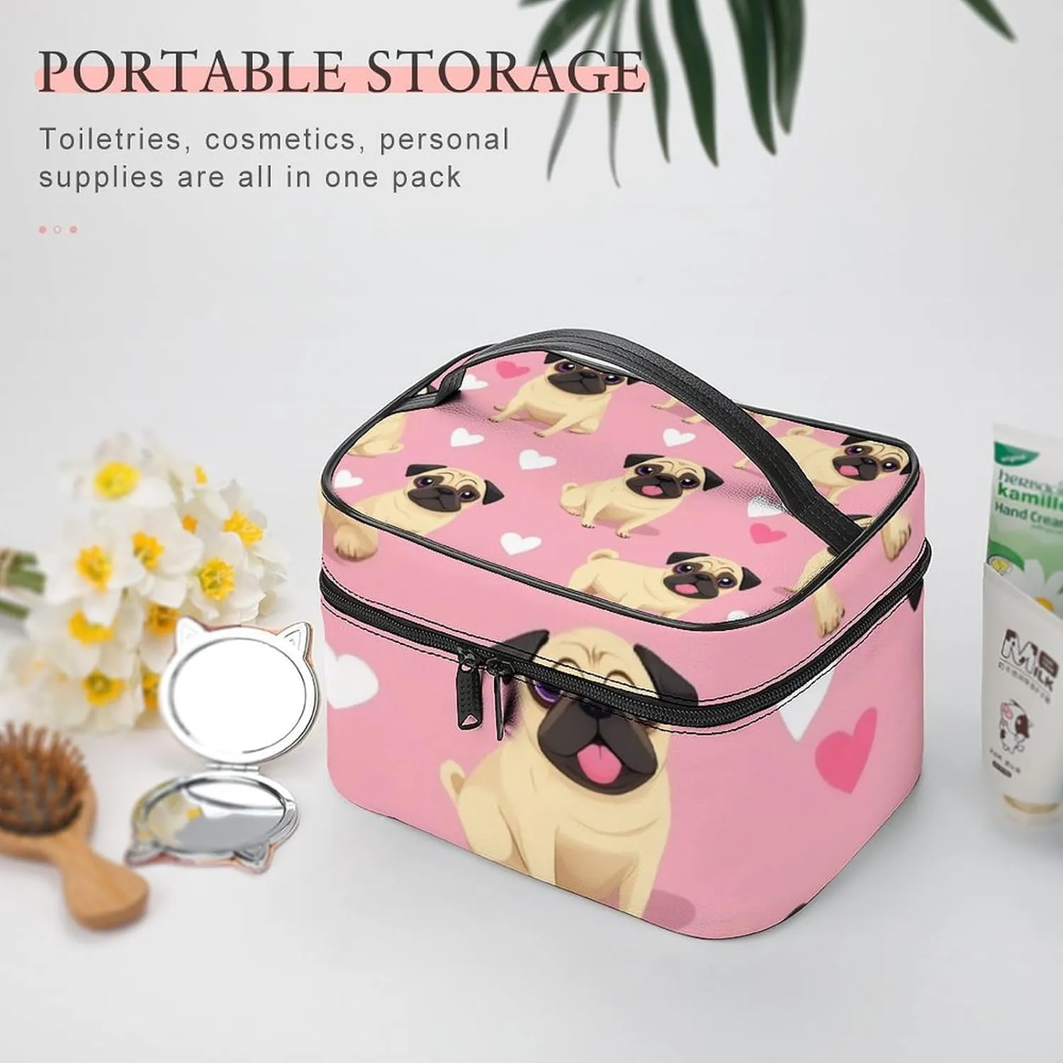 Make Up Bags Funny Cartoon Pugs Puppy Pink Cosmetics Organizer Case for Women, Travel Toiletry Brushes Storage Bag with Carry Handle