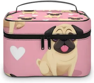 Make Up Bags Funny Cartoon Pugs Puppy Pink Cosmetics Organizer Case for Women, Travel Toiletry Brushes Storage Bag with Carry Handle