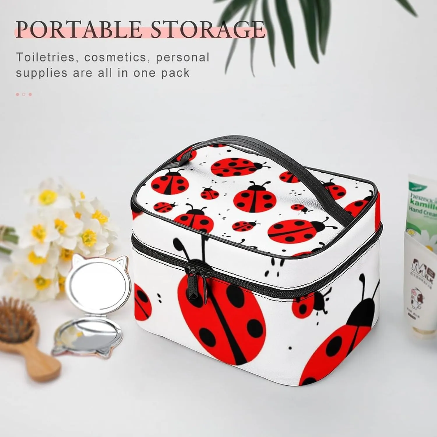 Make Up Bags Ladybug Red Black Dots White Cosmetics Organizer Case for Women, Travel Toiletry Brushes Storage Bag with Carry Handle