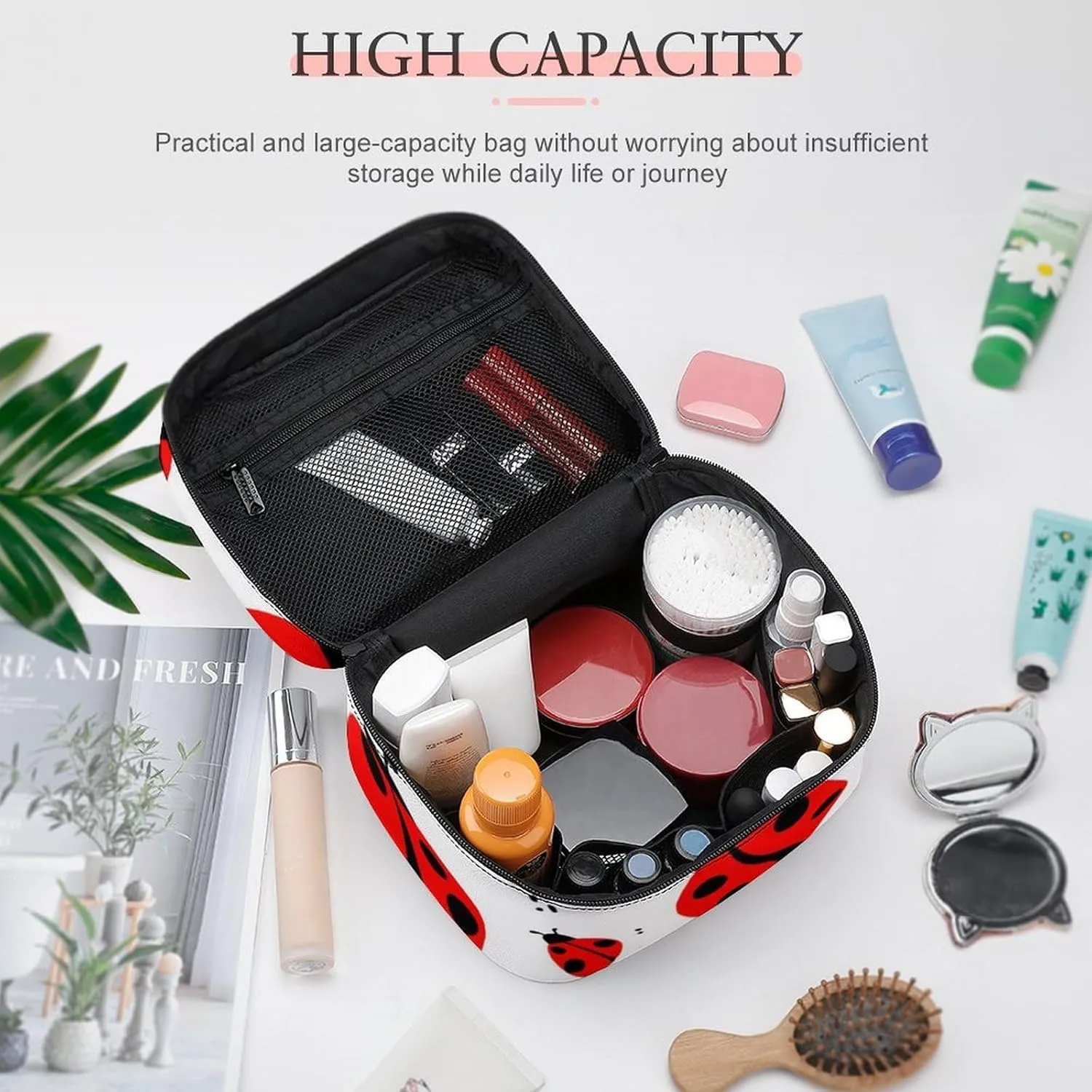 Make Up Bags Ladybug Red Black Dots White Cosmetics Organizer Case for Women, Travel Toiletry Brushes Storage Bag with Carry Handle
