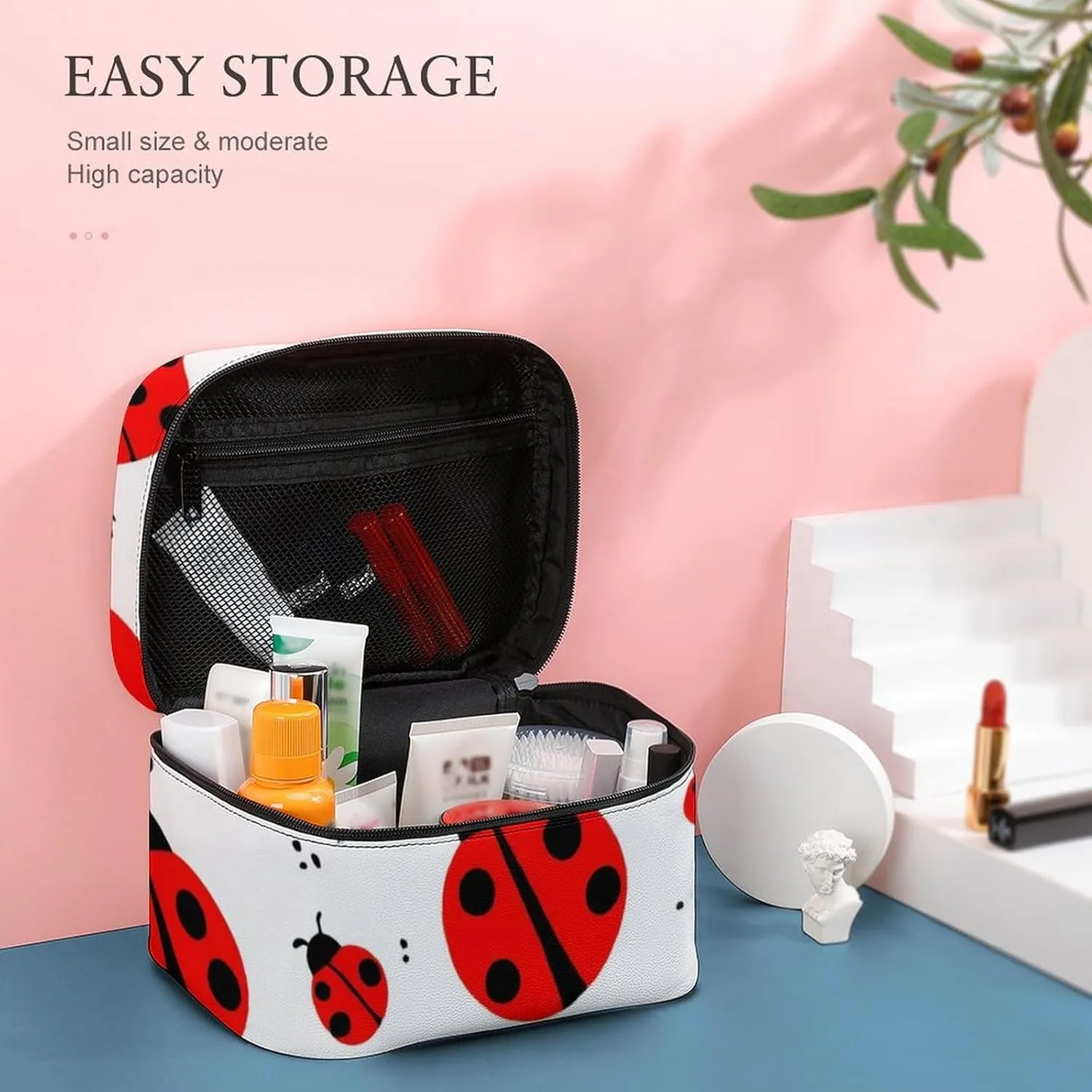 Make Up Bags Ladybug Red Black Dots White Cosmetics Organizer Case for Women, Travel Toiletry Brushes Storage Bag with Carry Handle